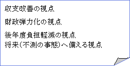 収支改善の視点、財政弾力化の視点、後年度負担軽減の視点、将来（不測の事態）へ備える視点