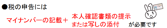 税の申告にはマイナンバーの記載、本人確認書類の提示または写しの添付が必要です