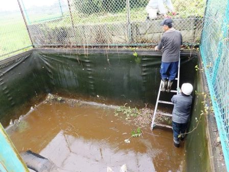 水が抜かれた防火水槽