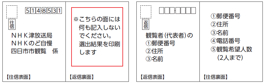 のど自慢観覧申し込みはがき書き方