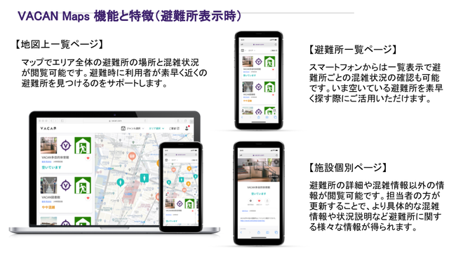 VACAN Maps機能と特徴（避難所表示時）