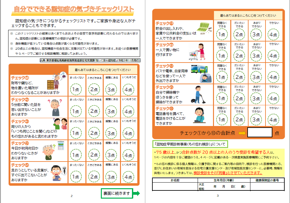 自分でできる認知症の気づきチェックリストで、チェックが1から10まであり、4択で回答します。合計20点以上である場合、認知機能や社会生活に支障が出ている可能性があります。