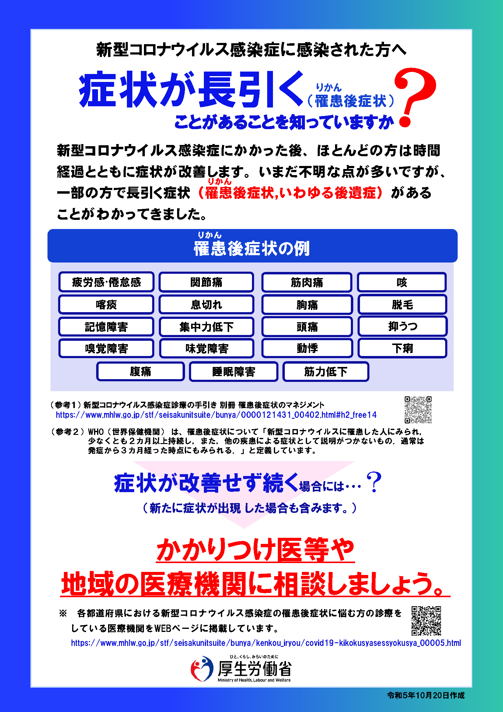 新型コロナウイルス感染症に感染された方へ：症状が長引く（罹患後症状）ことを知っていますか？